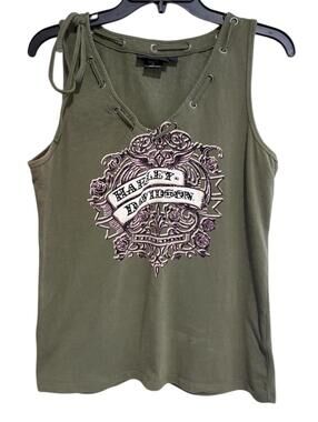 Harley-Davidson Women’s L Y2K Olive Green Lace Up V-Neck Graphic Biker